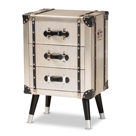 Baxton Studio Dilan Antique Silver Finished Metal Trunk 3-Drawer Nightstand 160-10251